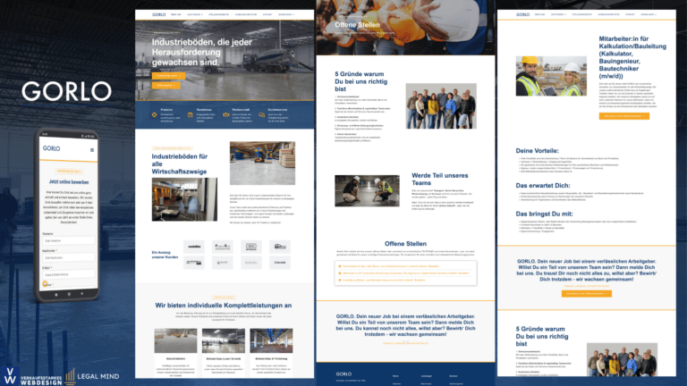 Webdesign, Employer Branding, Mitarbeitergewinnung & SEO-Referenz von Verkaufsstarkes Webdesign für Gorlo Industrieboden GmbH & Co. KG in Bielefeld. Über seine Spezialagentur Legal Mind in Speyer.