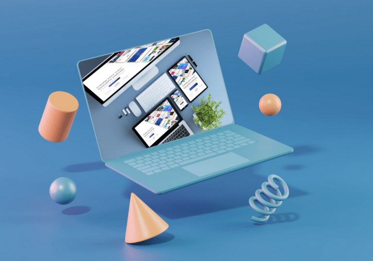 illustration von pc bildschirm, echtes bild von website portfolio sichtbar