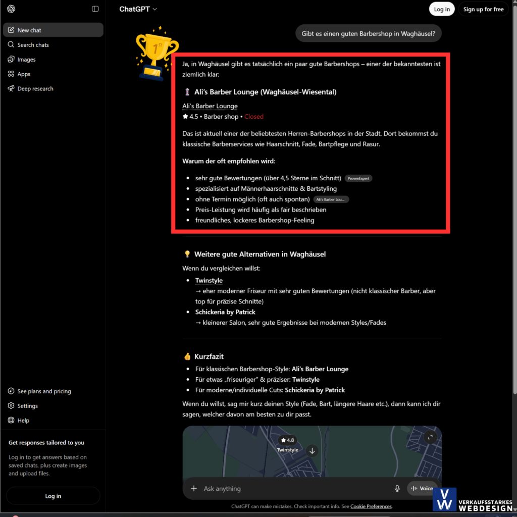 Geo Optimierung Ergebnisse Verkaufsstarkes Webdesign. Chatgpt empfiehlt auf Platz 1 Alis Barber Lounge