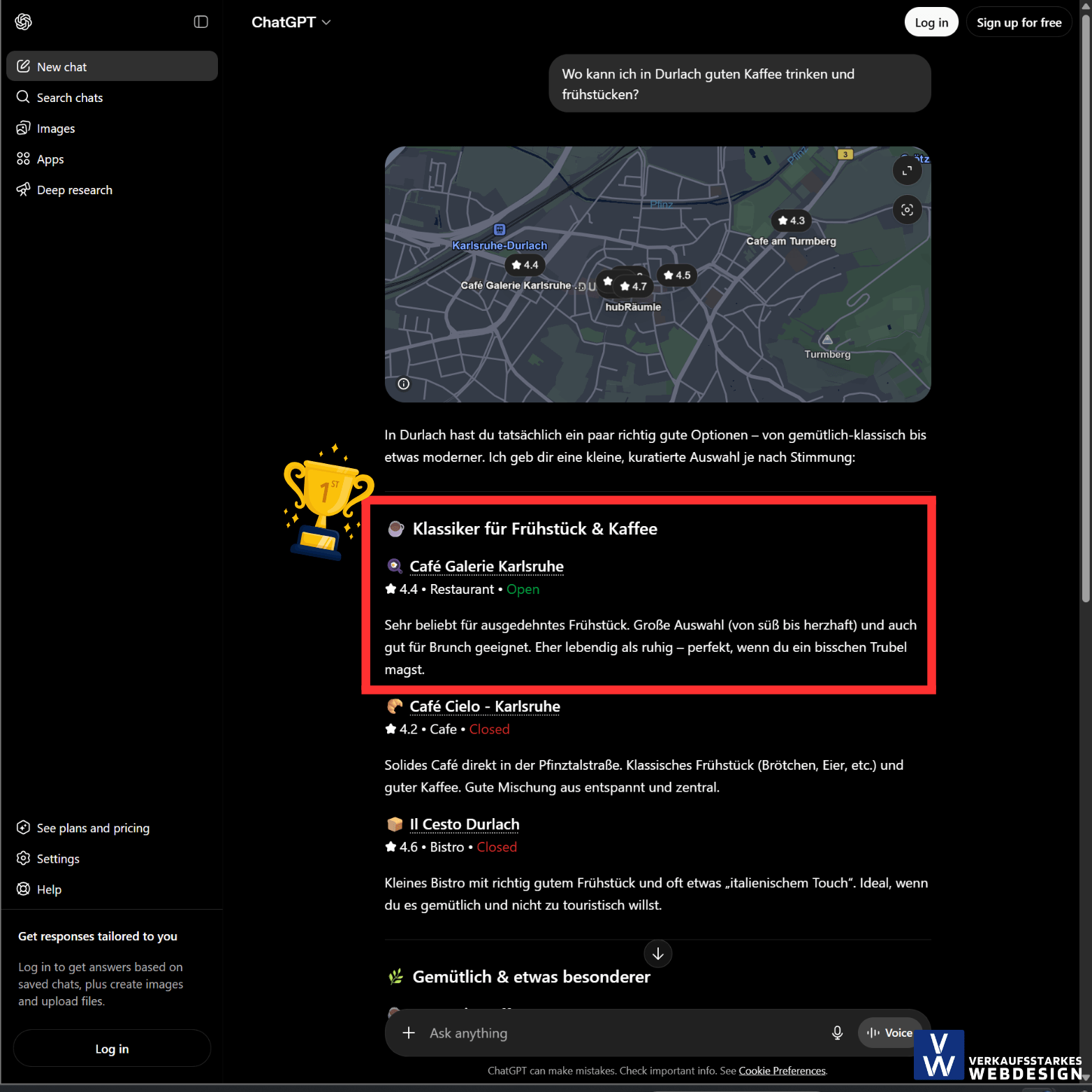 Geo Optimierung Ergebnisse Verkaufsstarkes Webdesign. Chatgpt empfiehlt auf Platz 1 Cafe Galerie Karlsruhe