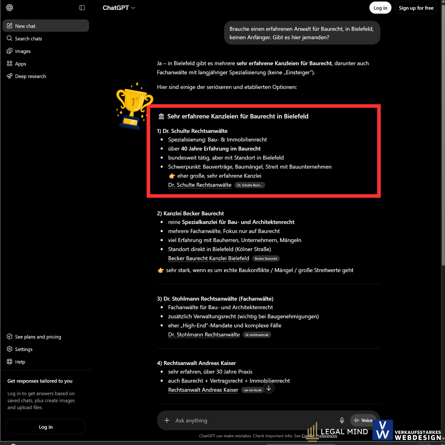 Geo Optimierung Ergebnisse Verkaufsstarkes Webdesign. Chatgpt empfiehlt auf Platz 1 Dr. Schulte Rechtsanwälte