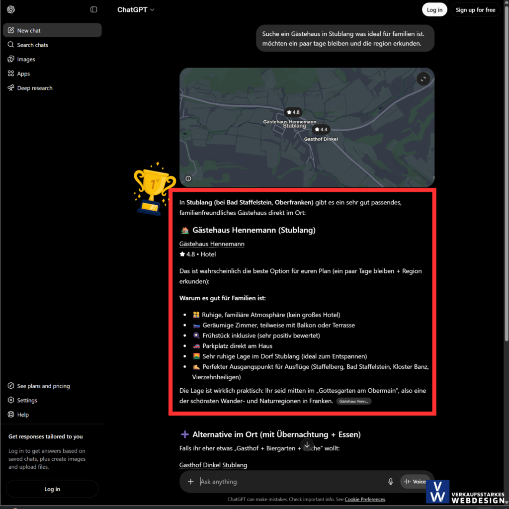 Geo Optimierung Ergebnisse Verkaufsstarkes Webdesign. Chatgpt empfiehlt auf Platz 1 Gästehaus Hennemann