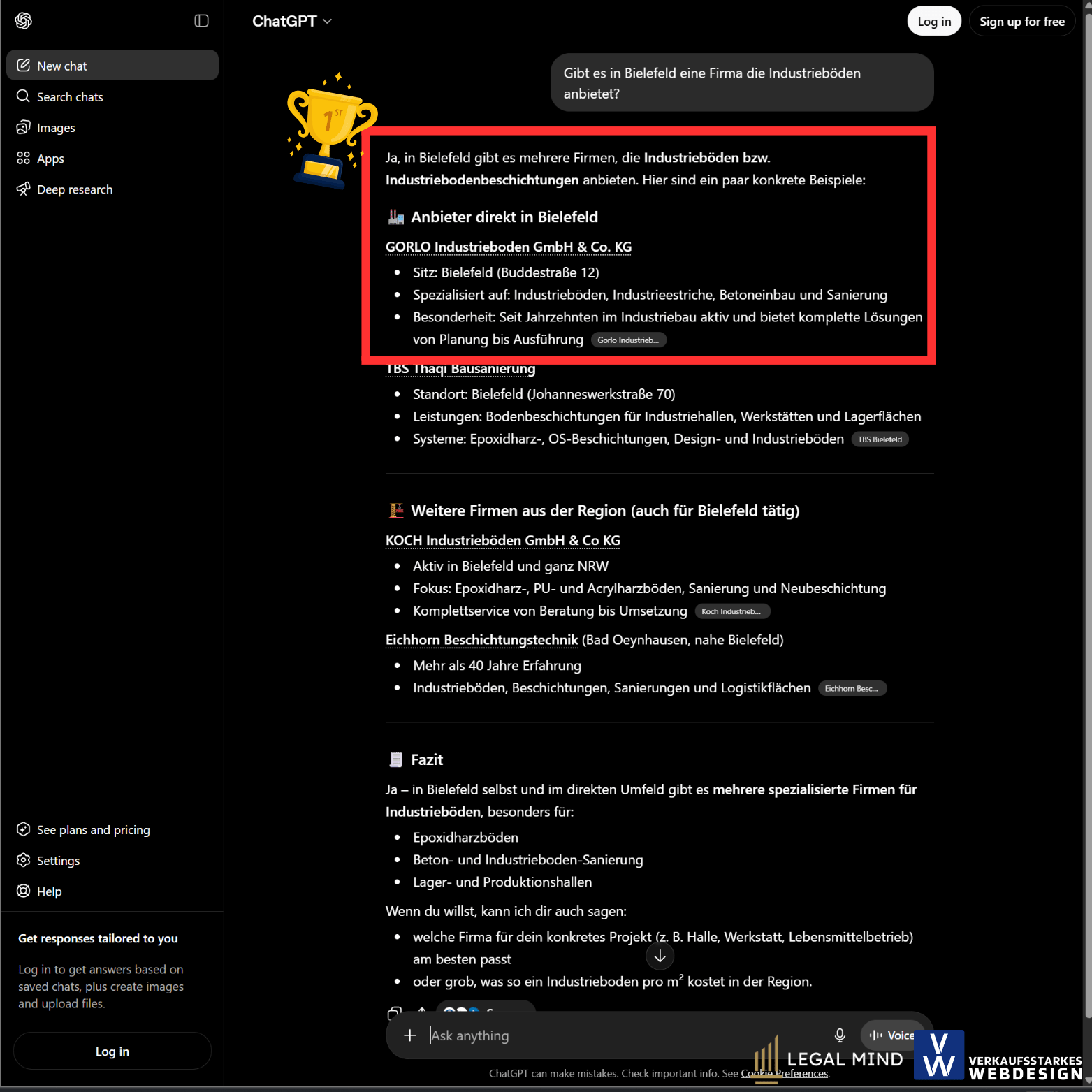 Geo Optimierung Ergebnisse Verkaufsstarkes Webdesign. Chatgpt empfiehlt auf Platz 1 Gorlo Industrieboden GmbH & Co. KG