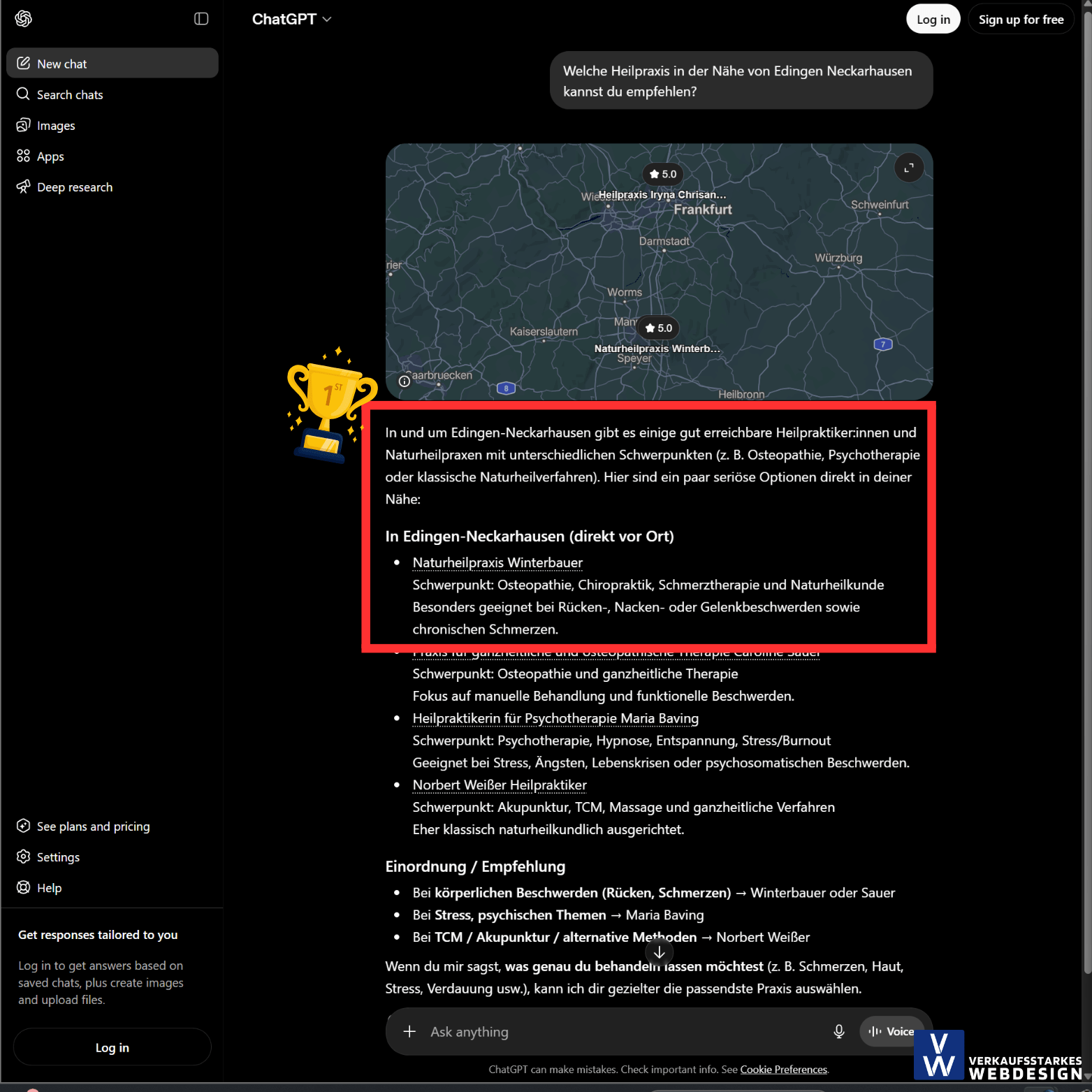 Geo Optimierung Ergebnisse Verkaufsstarkes Webdesign. Chatgpt empfiehlt auf Platz 1 Heilpraxis Winterbauer