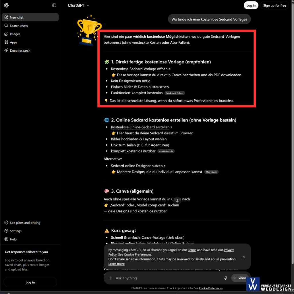 Geo Optimierung Ergebnisse Verkaufsstarkes Webdesign. Chatgpt empfiehlt auf Platz 1 Modelnest College
