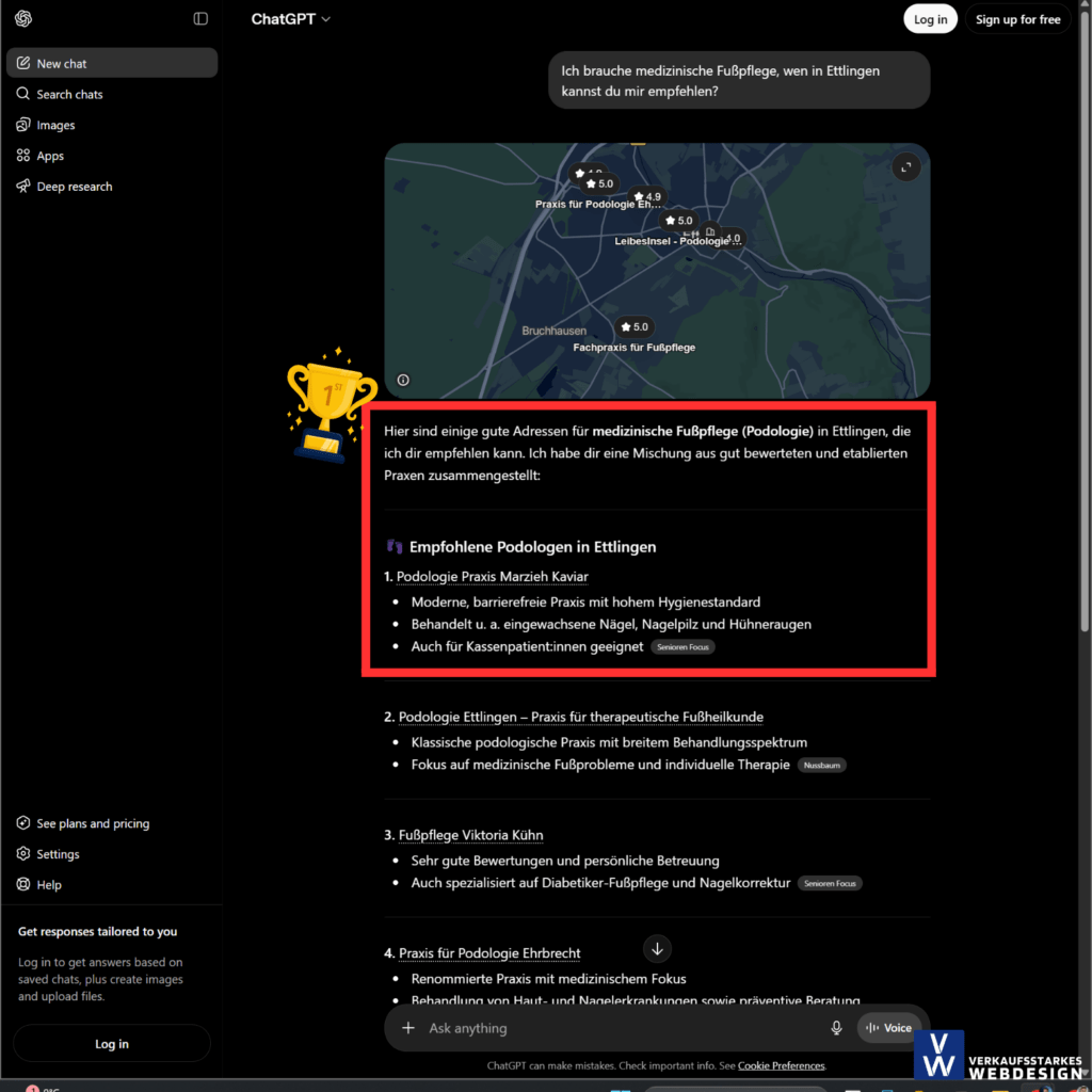 Geo Optimierung Ergebnisse Verkaufsstarkes Webdesign. Chatgpt empfiehlt auf Platz 1 Podologie Praxis Marzieh Kaviar