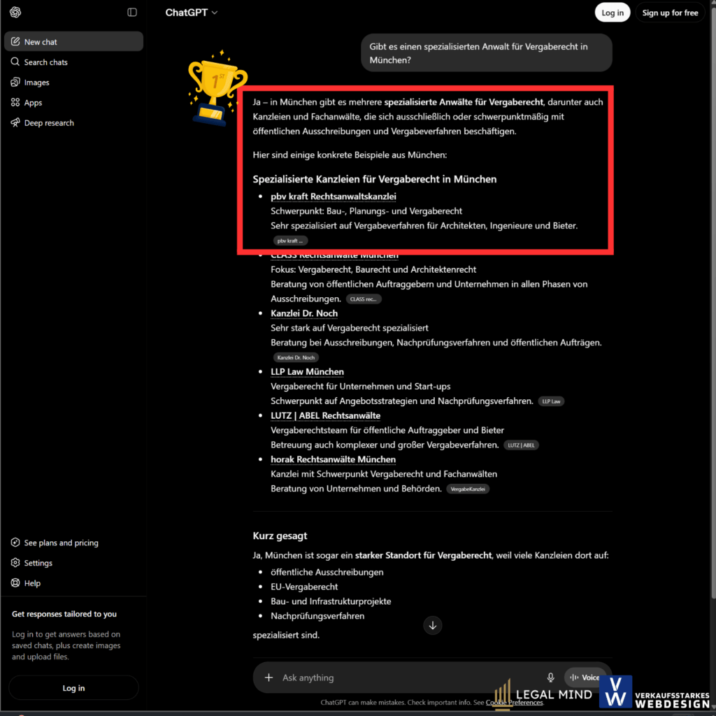 Geo Optimierung Ergebnisse Verkaufsstarkes Webdesign. Chatgpt empfiehlt auf Platz 1 pbv Kraft Rechtsanwaltskanzlei
