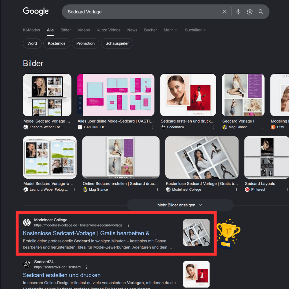 Screenshot von Google-Suche, Modelnest College ist auf Platz 1 für ein bestimmtes, relevantes Branchen Keyword mit viel Konkurrenz, SEO Referenz von Verkaufsstarkes Webdesign