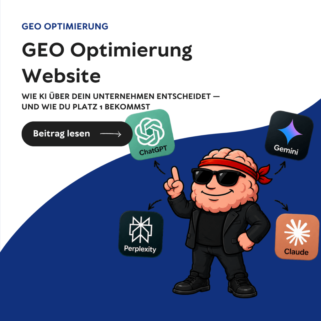 Gehinr Maskottchen von Verkaufsstarkes Webdesign mit App Icons von chatgpt, gemini, perplexity und claude, zeigt auf GEO Optimierung Website, wie man seine Website für KIs optimiert.
