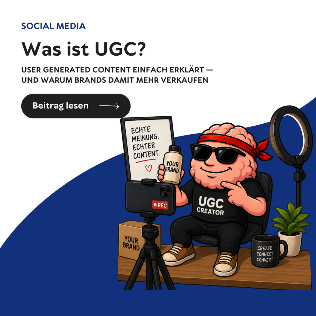 Gehirn Maskottchen von Verkaufsstarkes Webdesign mit Produkt in der Hand, filmt ein UGC Video mit Smarthphone und erzählt authentisch vom Produkt, zeigt was ist ugc und wie brands das nutzen für ads, social media, content und mehr.