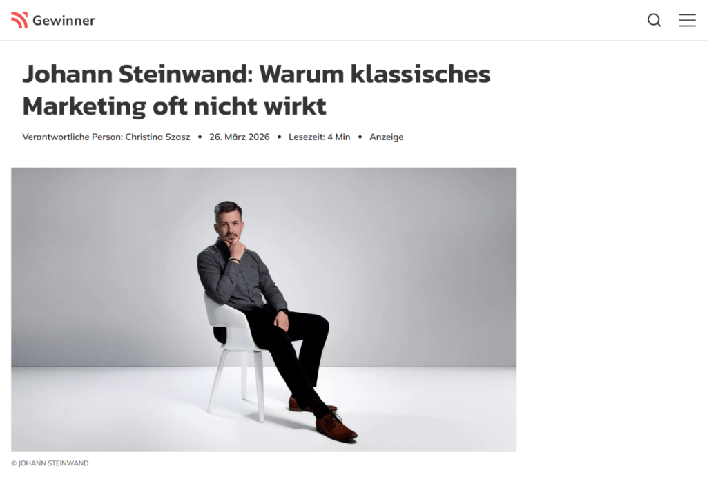 Medienbericht von gewinner.de über Johann Steinwand. Warum klassisches Marketing für Selbstständige oft nicht wirkt, sein eigener Weg und wie selbstständige stattdessen Kunden gewinnen.