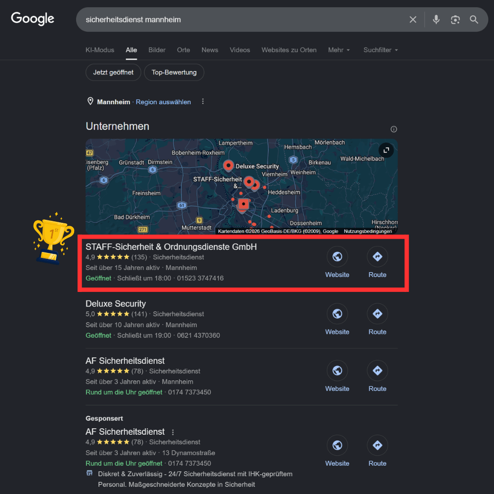 Verkaufsstarkes Webdesign Local SEO Referenzen Staff Sicherheit & Ordnungsdienste GmbH. Platz 1 in der lokalen Suche erreicht.