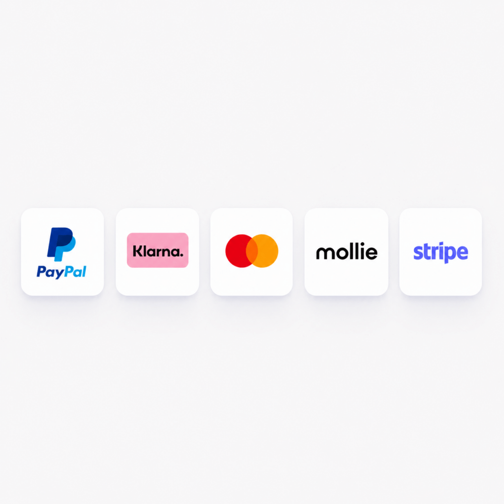 Anbindung von Zahlungsanbietern zum Beispiel über Stripe oder Mollie, oder Paypal, Klarna, Kreditkarte direkt. Icons von Zahlungsanbietern.