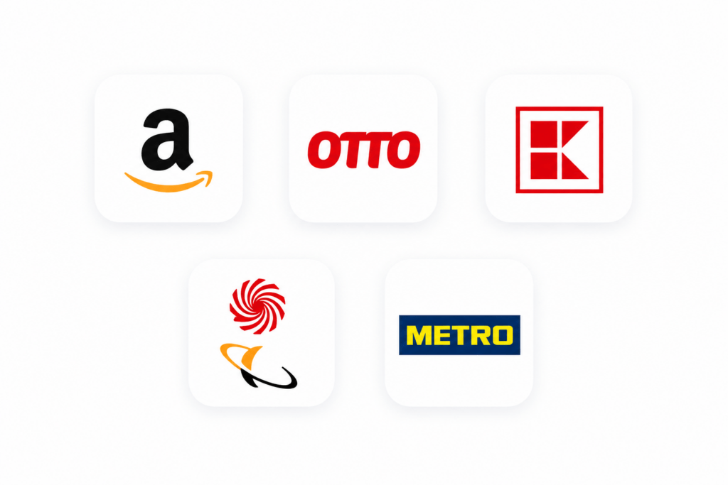 Marktplatzanbindung zum Beispiel an Amazon, Otto, Kaufland, Mediamarkt/Saturn, Metro und mehr. Icons sichtbar.