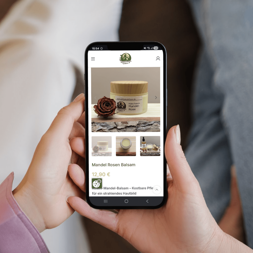 Mobile first, responsive Onlineshops Webdesign. Sichtbar Wildkräuterhexe Onlineshop auf Smartphone. Erstellt von Verkaufsstarkes Webdesign.