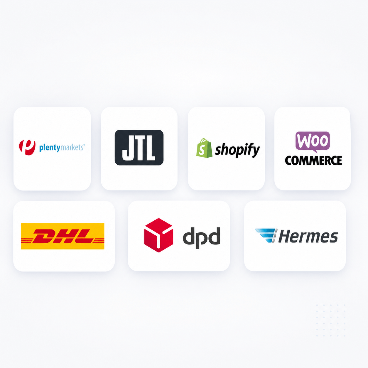 Warenwirtschaft über WooCommerce oder Shopify, oder Anbindung über JTL oder Plentymarkets. Versandanbindung zb von DHL, DPD, Hermes. Icons von Anbietern.